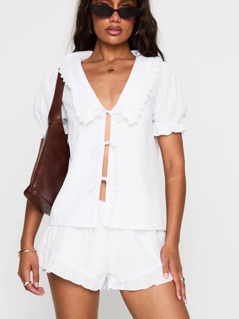 White Textured Tie-Front Short Set